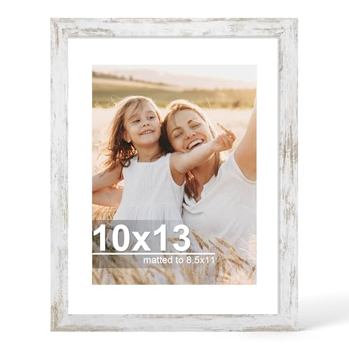 Hongkee 10x13 Picture Frame with Glass Display Diploma 8.5x11 with Mat or 10 x 13 without Mat - Wall and Tabletop 10 by 13 Photo Wooden Frames (Distressed White 1 Pack)