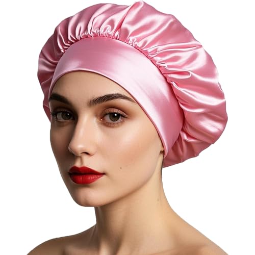 iLamvie Gorro De Seda,Gorro De Seda para Dormir para Pelo Rizado con Banda Ancha Elástica para Mujeres Y Niñas,Saten para Dormir Pelo Rizado(Rosa)