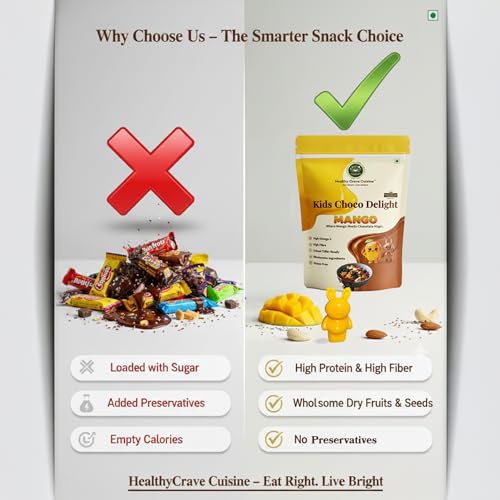 Image of HealthyCrave Cuisine Kids Choco Delight Mango | Mango Chocolate with Dry Fruits & Seeds | No Preservatives | School Tiffin Snack for Kids | 100g