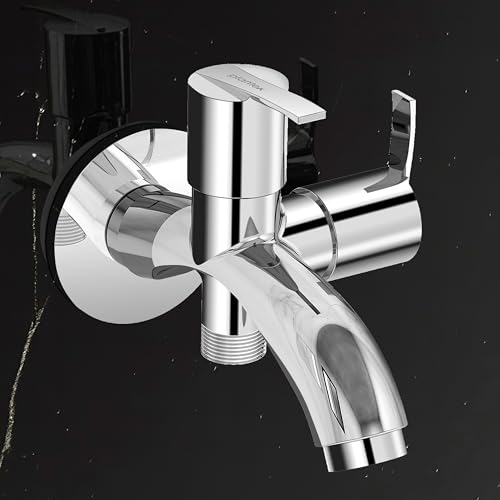 Image of Plantex Pure Brass 2 in 1 Tap for Washing Machine with Water Saving Nozzle for Kitchen Tap /2-Way Bib Cock with Brass Wall Flange & Teflon Tape -7 Year Warranty (AQ-1407-Chrome)