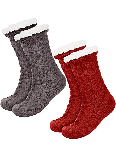 2 Pares de Calcetines de Invierno de Mujeres Calcetines Antideslizantes Suave Calcetines Forrados de Lana Calcetines Esponjosos de Navidad (Gris y Rojo)