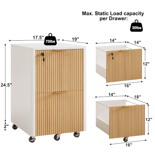 Image of 2 Drawers Fluted Mobile File Cabinet with Lock, Rolling File Cabinet Printer Stand Table, Under Desk Wooden Filing Cabinets for Home Office Essentials Storage Organization Furniture Letter /Legal /A4