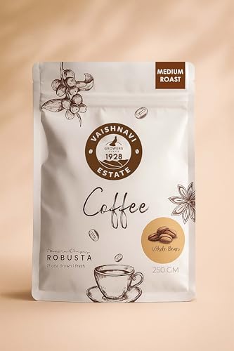 Image of Vaishnavi Estate Medium Roast Contains 100% Single Origin | Robusta Coffee | Roasted To Exacting Standards Ensuring A Perfect Cup Every Time -Whole Bean (250g, Pack Of 1)