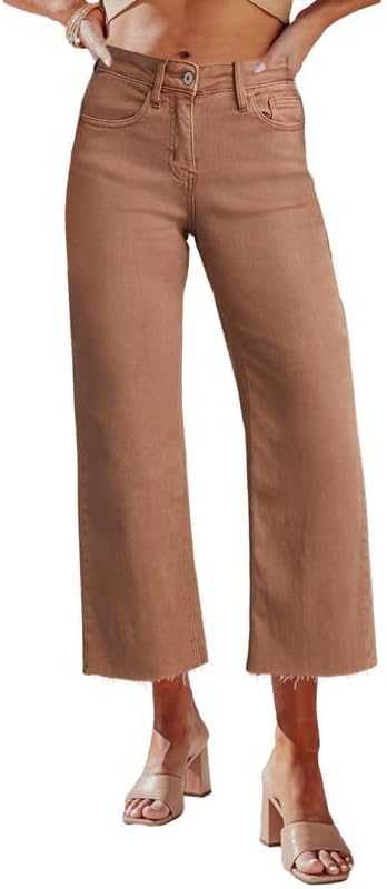 Allimy Womens High Waisted Capri Pants Wide Leg Pants Woman Cropped Jeans Baggy Barrel Jeans for Women Trendy Rust Size 12 - Image 7