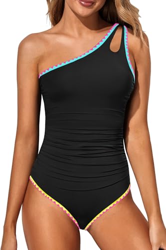 Image of Holipick One Shoulder One Piece Swimsuit for Women Tummy Control Bathing Suits Modest Full Coverage Keyhole Swimwear