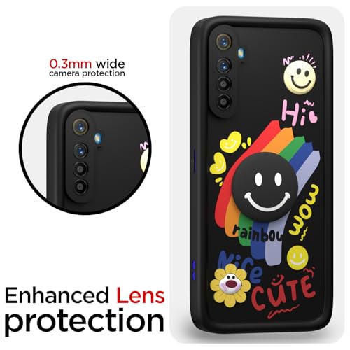 Image of Pikkme Back Cover for Realme XT /Realme X2 | Soft Silicone| Cute Rainbow Smile & 3D Cartoon Flower Design | Shockproof Raised Camera Protection Bumper Case (Black)