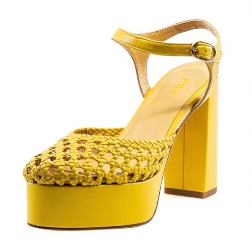 FSJ Women Closed Toe Woven Sandals Summer Platform Chunky High Heel Ankle Strap Chic Hollow Braided Breathable Wedding Shoes Size 4-16 US