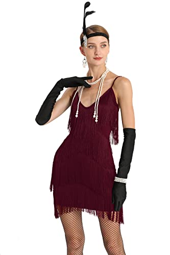 Image of Women 1920s Gatsby Flapper Dress Sexy Open Back Strap Fringed Cocktail Party Dress with 20s Accessories