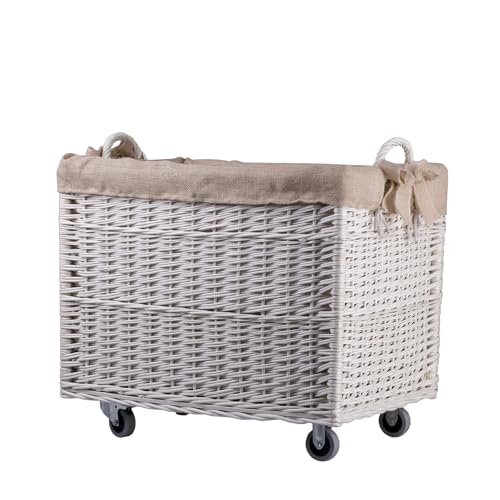 e-wicker24 Alles aus Weide - Caja de almacenaje para lavandería rectangular, cesta de mimbre con ruedas y forro de tela, baúl de almacenamiento de mimbre, cesta, caja (blanco/yute)