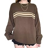 Women Striped Vintage Knitted Sweater Fall Spring Oversized Long Sleeve Crewneck Pullover Y2K Baggy Sweaters Streetwear (Brown, M)