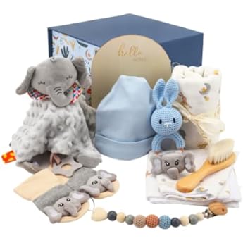 Newborn Gift 12-in-1 Baby Set Newborn Baby Gift Set with Bib Comforter Blanket Bib Socks Triangle Scarf and Wooden Rattle Gifts for Birth for Boys and Girls Grey