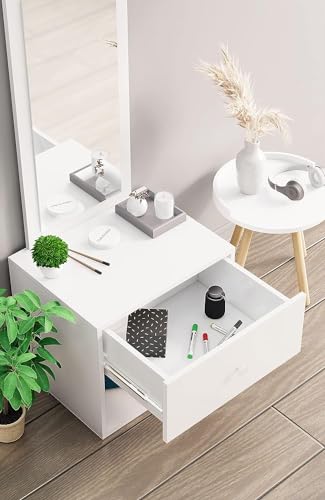 Image of Bniture Wooden Dressing Table for Bedroom with 1 Drawer, Mirror and Huge Storage Space | Long Dresser Vanity Table with Mirror (42D x 60W x 180H CM) (Frosty White, HXDR105)