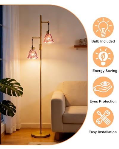 Image of 2-Light Modern Glass Floor Lamp, Gold Standing Tall Lamp with Deep Red Shell Glass Shade, Dimmable LED Floor Lamp with 5Lbs Heavy Base for Living Room Bedroom Home Decor, Bulb Included