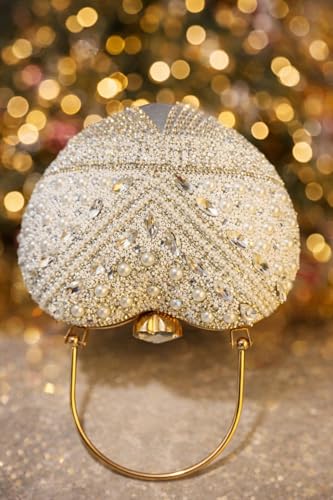 Image of Luxury Silver Beaded Pearl Heart Clutch Bag with Handle & Chain for Women Party Wedding Evening Purse.