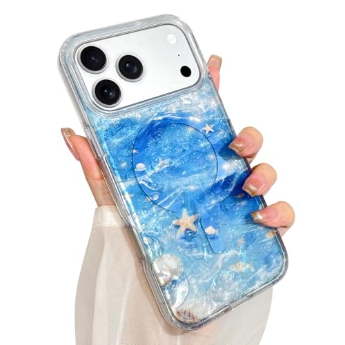 Image of AIGOMARA Cute Case for iPhone 17 Pro Max Case for Women Girls [Compatible with Magsafe] Translucent Sea Pattern Design, Aesthetic Girly Summer Magnetic Protective Phone Cover, Ocean Blue