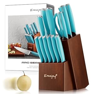 Knife set,Emojoy Kitchen Knife Set With Block Wooden,15-Pieces Kitchen Knives German Stainless Steel Sharp Chef Knife Set with Sharpener
