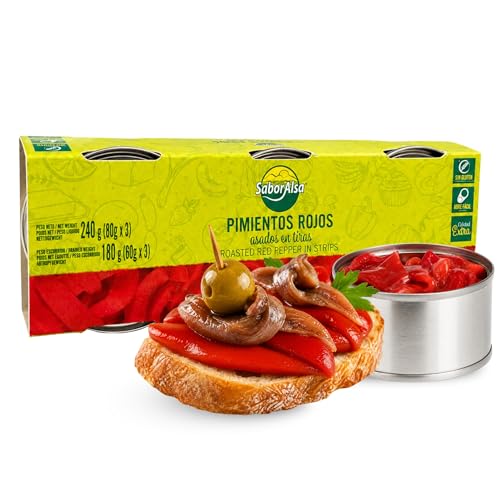 Pimiento rojo asado en tiras, Pimientos en tiras en lata, ingrediente estrella de la dieta mediterránea, Peso Neto por lata 80 gr, Peso escurrido 60 gr, Pack de 3 latas de 80 gr