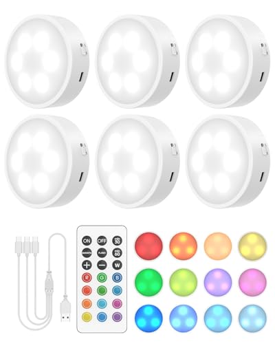 GOODEA.fun Puck Lights with Remote, 13 RGB Colors LED Under Cabinet Light, Rechargeable Battery Operated Under Cabinet Lighting Tap Lights, Stick on Lights with Dimmer and Timer（6 Pack）