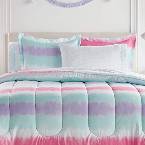 Dream Factory Kids 7-Piece Complete Set Easy-Wash Super Soft Microfiber Comforter Bedding, Full, Purple Multi Tie Dye Stripe #TOP4
