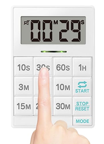 dretec One-Push Timer, Just Press, Easy, Time Saving, Interval, Silent, Kitchen Timer, Digital, Magnet, Stand, Light, Study, Muscle Training, Sports, White