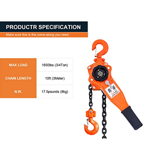 Saluinoki Lever Chain Hoist 1650Lbs 10Ft 3/4 Ton Come Along Ratchet Puller Hoists For Heavy Duty Lifting #TOP1