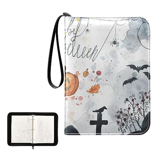 Oyihfvs Halloween Cobweb, Cemetery, Bats, Cat, Pumpkin in Vintage Retro PU Leather Card Storage Bag, With Zipper Waterproof 50 Pages 400 Slots Card Bag for Students Home School 15.74 x 9.64 inch