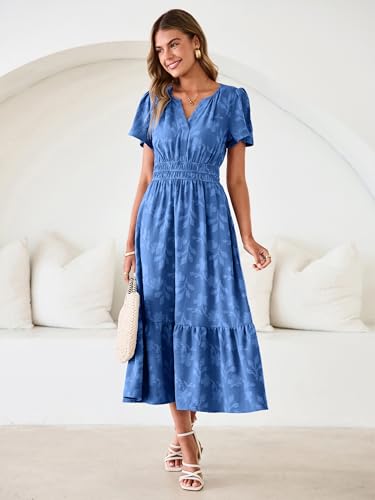Image of Simplee Womens Summer Boho Maxi Dress Semi Formal Wedding Guest Short Sleeve V Neck Empire Waist Floral Long Dresses