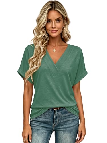 Image of T Shirts Short Sleeve V Neck Tees Womens Tops Beach Vacation Fashion Clothes 2026 Casual Summer Spring Fall Outfits