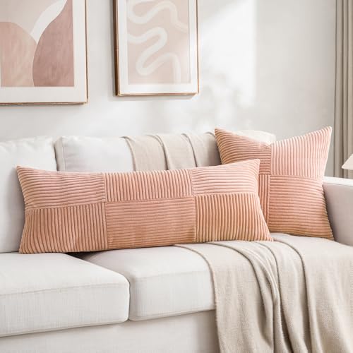 Image of Fancy Homi 2 Packs Peach Decorative Throw Pillow Covers 20x20 Inch for Living Room Couch Bed Sofa, Rustic Farmhouse Boho Home Decor, Soft Corss Corduroy Patchwork Accent Square Cushion Case 50x50 cm