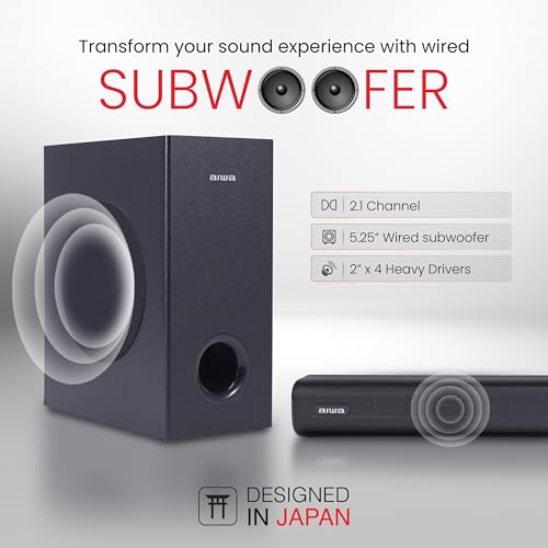 Image of Aiwa Soundbar with Bluetooth V5.3 and Powerful Bass, 5.25 Inches Subwoofer, 2.1 Channel with Remote Control SD Card, HDMI AUX, USB and Optical Connectivity 180W Sound bar | Kabuki - AW-SSB180 (Black)
