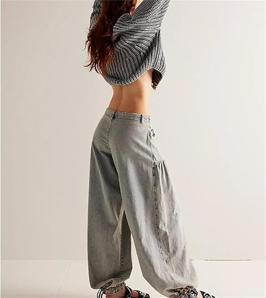 Lotus Tube Jeans Women,Tie Hem Barrel Ruffle Mid High Waist Jeans,Fitting Loose Balloon Wide Leg Jeans3