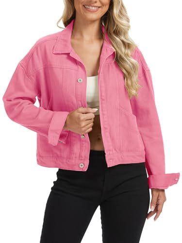 Metietila Womens Cropped Denim Jacket Button Down Oversized Pink Jean Jacket Shacket Trucker Coat with Pockets X-Larege