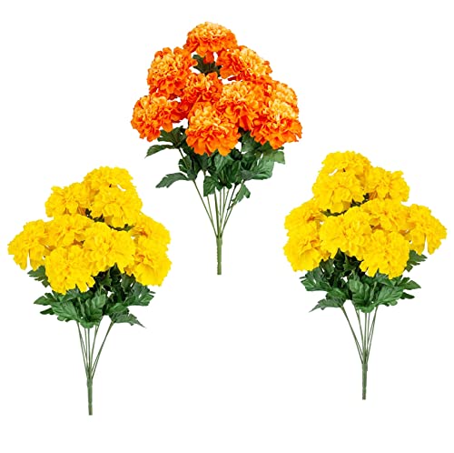 Pack of 3 Golden Yellow and Orange Poly Silk Artificial Marigold Bushes for Day of The Dead, Día de Muertos, and Fall Autumn Harvest Festival Flower Decorations (1 Orange + 2 Golden Yellow )