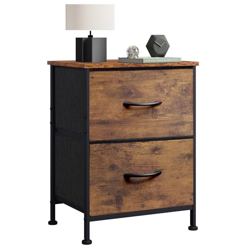WLIVE Night Stand, Small 2 Drawer Dresser, Nightstand with Fabric Bins for Bedroom, Closet, Dorm, Rustic Brown Wood Grain Print, 11.8' D x 15.7' W x 20.9' H