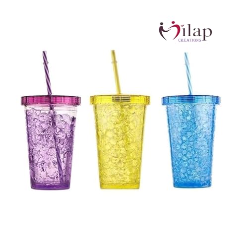 Image of Double Wall Insulated Tumbler with Lid and Straw, 500ml, Icecream Cold Drink Cup, Plastic Mug Bottle Jelly Sipper Gel Feezer Gift for Kids Multicolor (Large, 1, Count)