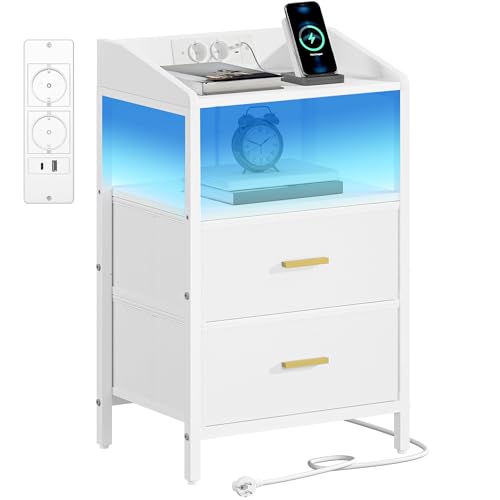 Hzuaneri Table de Chevet, avec Éclairage LED, Table de Nuit avec 2 Tiroirs de Rangement en Tissu, Tables d'appoint avec Ports USB et 2 Prises CA, pour...