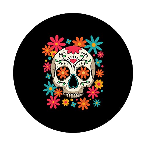 Floral Sugar Skull Dia De Muertos Day of The Dead Hippie PopSockets Swappable PopGrip, Black - Image 3