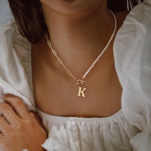 Gold-Initial-Pearl-Necklace-for-Women-14K-Gold-Plated-Paperclip-Link-Chain-Necklace-Choker-Toggle-Clasp-Necklace-Dainty-Pearl-Chain-Necklace-Initial-Pendant-Necklaces-for-Women-Gold-Jewelry-Gifts