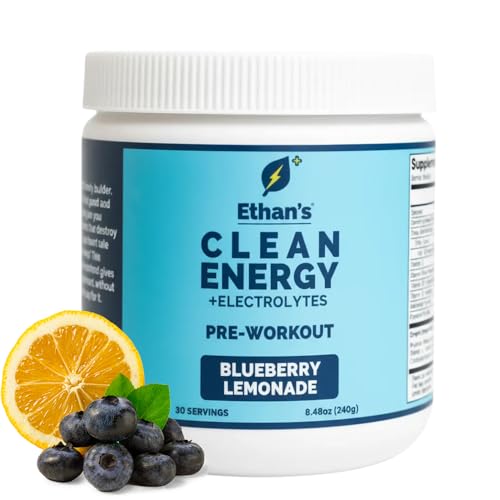Image of Ethan's Feel Good Pre-Workout & Hydration Drink Mix, 200mg Plant-Based Caffeine, Electrolytes & Adaptogens, Vegan Organic - Blueberry Lemonade, 30 Servings