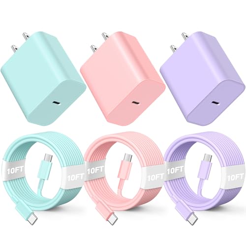 Compatible with iPhone16/15 Charger Fast Charging, 3 Pack 20W USB C Colorful Charger Block with 10 FT USB-C to C Cable Compatible with iPhone 16 15 Pro/Plus/Pro Max,Pad Pro 12.9/11 inch,Pad Air 5th