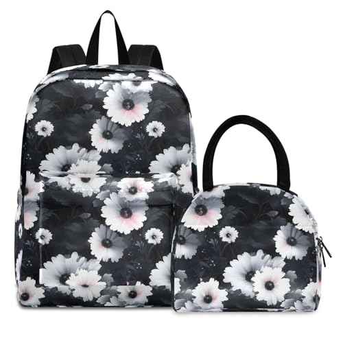 Backpack Lunch Box Set Large Capacity Travel Backpacks and Insulated Lunch Bag for Commute Hiking Picnic White Daisy Pattern Print