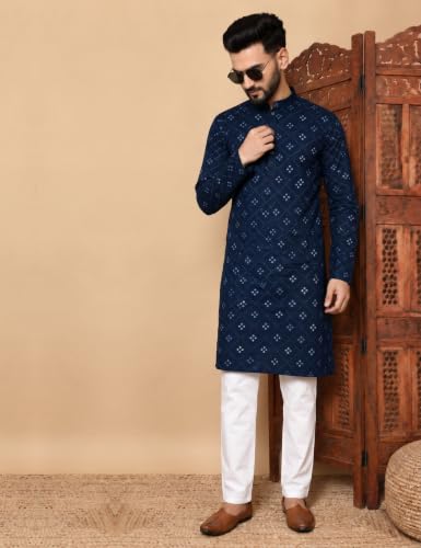 Buy ORIFAB Men’s Navy Blue Mirror Work Kurta Pajama Set Cotton Blend - Image 3