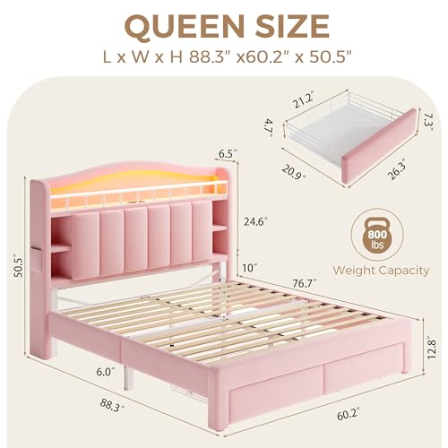Image of Pink Queen Size LED Bed Frame with Storage Headboard, Upholstered Velvet Wood Princess Bed for Girls with 5 Charging Ports (USB-C & AC), Hidden Compartment, Sturdy Aluminum Frame & 2 Silent Drawers