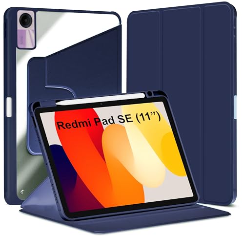 Image of TGK Rotating Case for Redmi Pad SE 11 inch with Pencil Holder 360 Degree Rotation Protective Trifold Stand Cover Clear Back (Dark Blue)