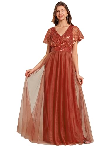 Ever-Pretty Robe de Soirée Femme Longue Paillettes Tulle Col V Manches Volantées pour Bal Promo Orange Caramel 38