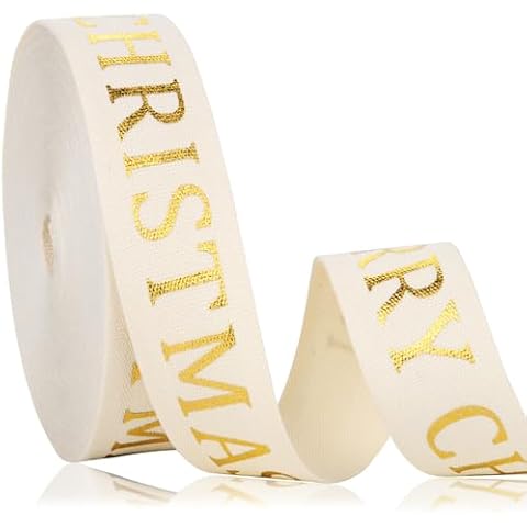 10 Yard 6/8 Inch Christmas Cotton Ribbon Glitter Ribbon Christmas Elegant Ribbon Merry Natural Ribbon for Craft Gift Wrapping Cover