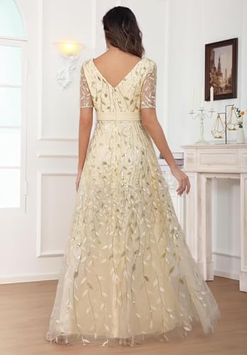 Sparkly Sequin Mother of The Bride Dresses for Wedding V Neck Short Sleeve Tulle A Line Long Formal Evening Gown2