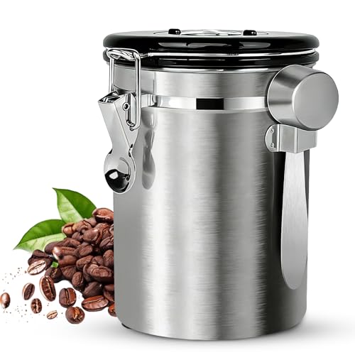 Kaffeebohnen Behälter, Luftdichte Edelstahl Kaffeedose1,8 L KaffeebohnenbehäLter mit EdelstahllöFfel, Multifunktionales Kaffeebohnen Behälter für Tee NüSse Kakao LäNger und Frisch Bleiben (Silber)
