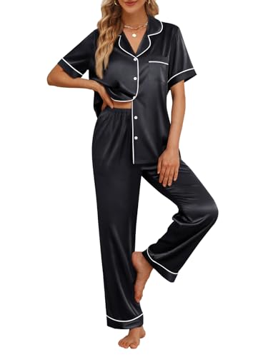 LILLUSORY Womens Silk Satin Pajama Set 2025 Pjs Lounge 2 Piece Fall Outfit Sleepwear Button Down Loungewear Matching Clothing