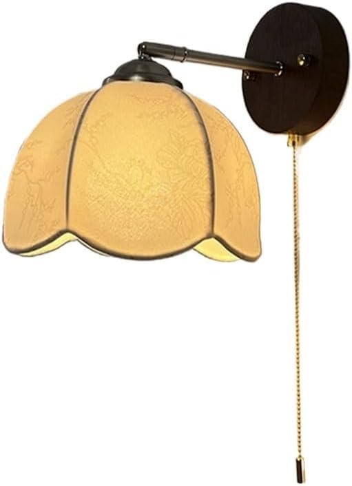 Floral Cloth Wall Sconce with Wood Base, French Cream Flower Wall Lamp, Scalloped Fabric Shade E27 Tri Color LED Light, Retro Nanyang Style for Bedroom Study Hallway Parlor(Black)